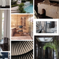 Collage of modern interiors and exteriors, featuring opulent spaces inspired by the book *Kelly Wearstler Evocative Style* from Penguin Random House, abstract art, stone furniture, a pool, contemporary bathrooms, and patterned decor in neutral and black tones.