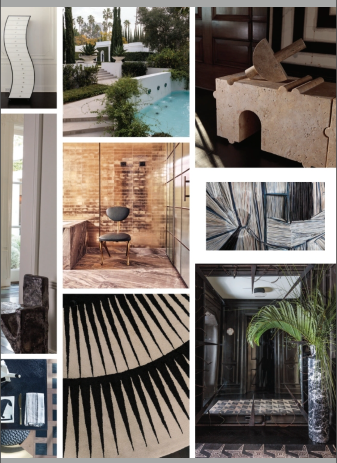 Collage of modern interiors and exteriors, featuring opulent spaces inspired by the book *Kelly Wearstler Evocative Style* from Penguin Random House, abstract art, stone furniture, a pool, contemporary bathrooms, and patterned decor in neutral and black tones.
