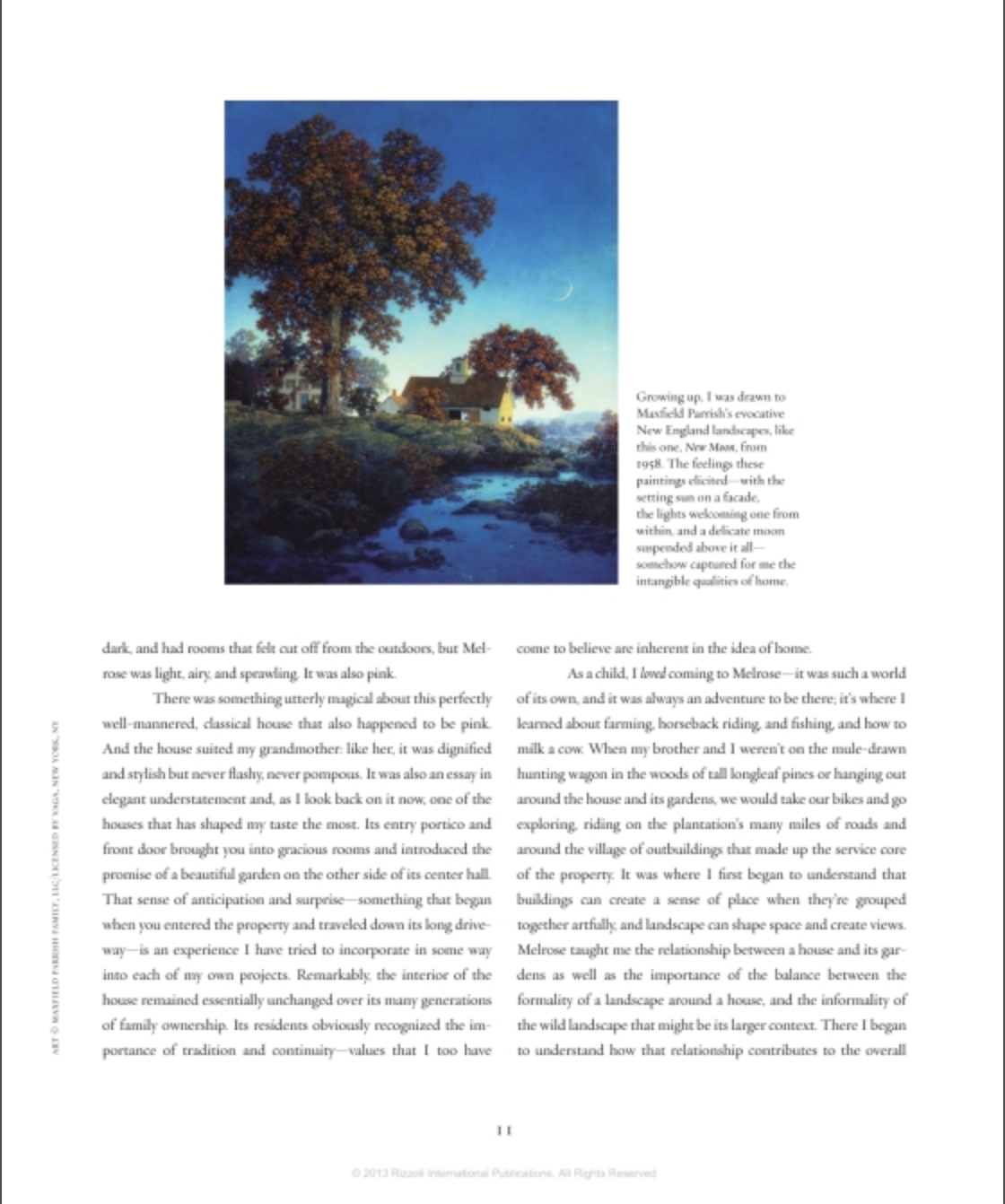 A magazine page from Rizzoli’s *The Great American House* features text on home and art, with a small color painting of a tree and house—highlighting elements of classical architecture—near the top right, all bordered by white margins and set against a light brown background.