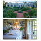 Top: The Gardens of Style book by Rizzoli showcases a symmetrical house with designer gardens, lush greenery, and a brick path. Bottom: An elegant room features a mantel, blue china, table, and a window providing a botanical interiors view of the garden.