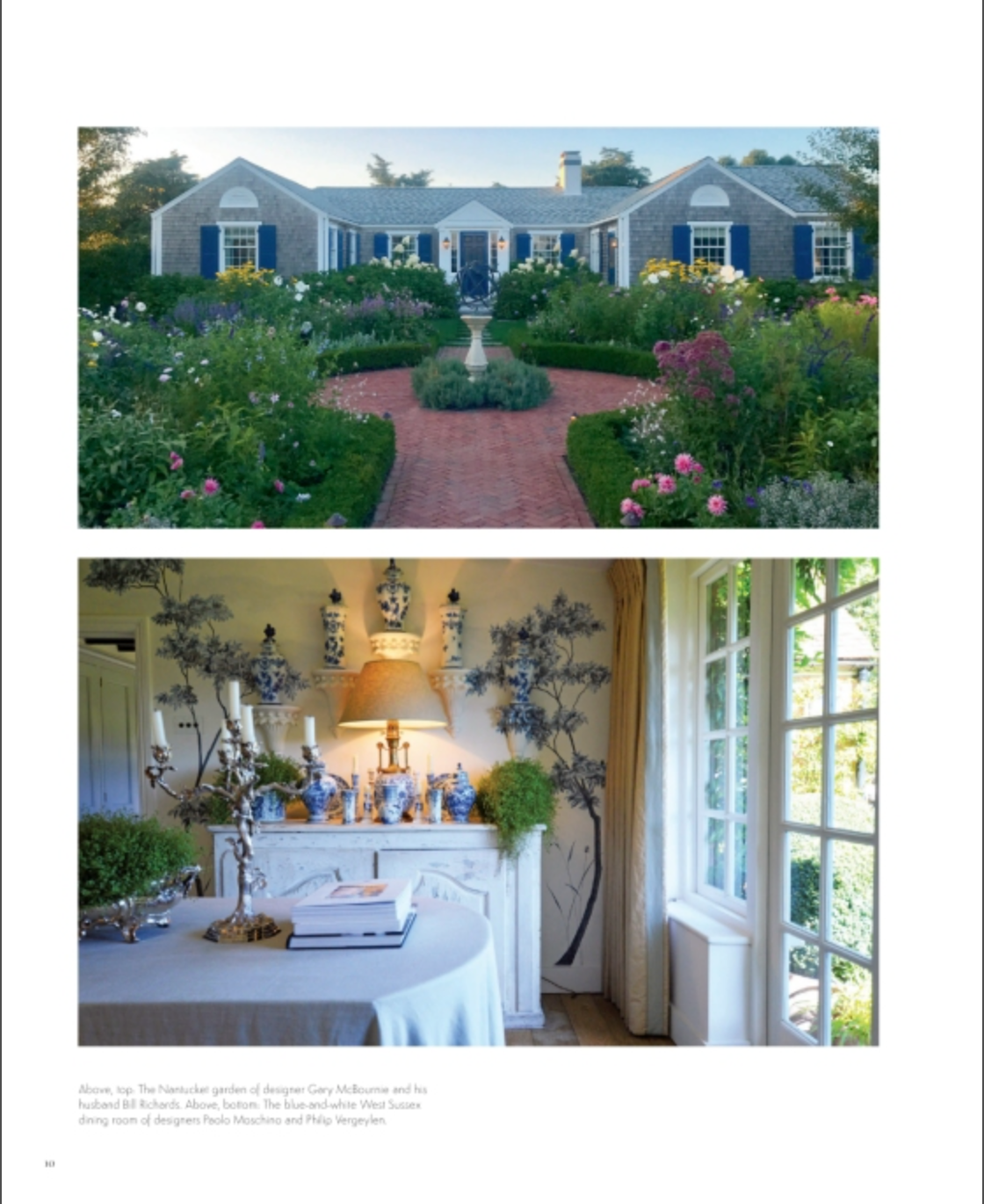 Top: The Gardens of Style book by Rizzoli showcases a symmetrical house with designer gardens, lush greenery, and a brick path. Bottom: An elegant room features a mantel, blue china, table, and a window providing a botanical interiors view of the garden.