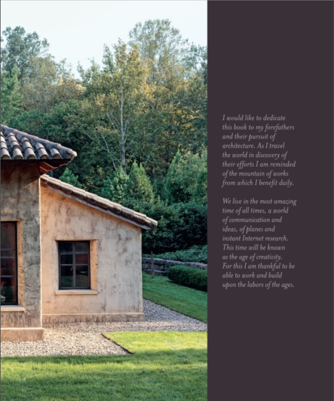 A rustic stucco house with a tiled roof stands beside a green lawn and trees under a clear sky—evoking the inviting charm found in Rizzoli’s “Creating Home, Design for Living”—while a dedication text appears on the right side of the image.