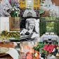 A collage evoking gracious hospitality features dining and garden scenes, vintage decor, elegant table settings, lush flowers, a classic statue, wine bottles, cutlery, and a black-and-white photo of a person lounging—all inspired by the signature style found in *Charlotte Moss Entertains* by Rizzoli.