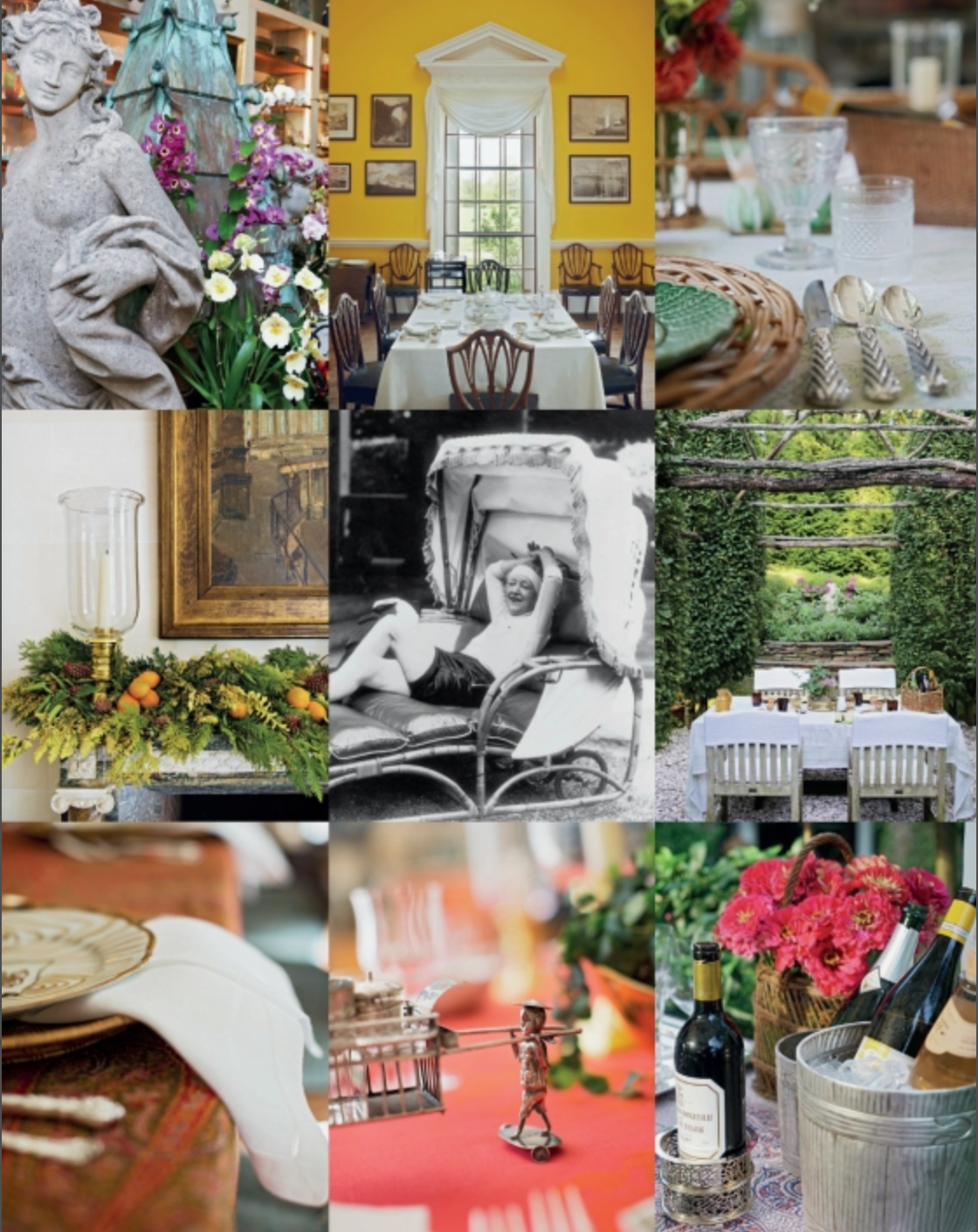 A collage evoking gracious hospitality features dining and garden scenes, vintage decor, elegant table settings, lush flowers, a classic statue, wine bottles, cutlery, and a black-and-white photo of a person lounging—all inspired by the signature style found in *Charlotte Moss Entertains* by Rizzoli.