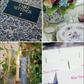 Collage featuring the book “Charlotte Moss Entertains” by Rizzoli, a floral centerpiece, set plates, a glowing candle in a glass holder, and name cards atop a patterned tablecloth—embodying the spirit of elegant entertaining and gracious hospitality.