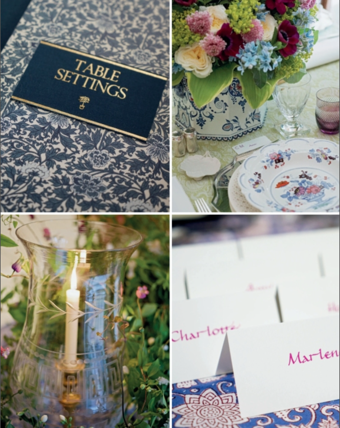 Collage featuring the book “Charlotte Moss Entertains” by Rizzoli, a floral centerpiece, set plates, a glowing candle in a glass holder, and name cards atop a patterned tablecloth—embodying the spirit of elegant entertaining and gracious hospitality.