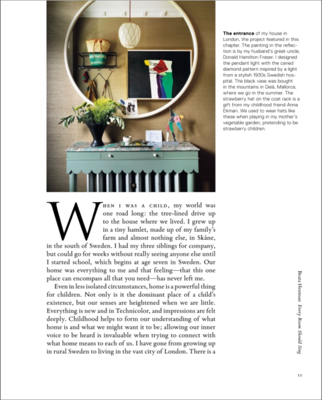 A magazine page featuring a photo of a living room styled by Beata Heuman, with caption text on the right and a personal essay on the left exploring childhood memories and growing up in Sweden and London. The narrative blends reflections on bespoke furnishings with insights into how Scandinavian design has shaped both home and identity—an excerpt from *Beata Heuman, Every Room Should Sing* by Rizzoli.