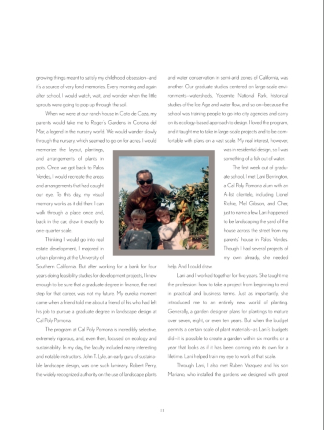 A magazine page featuring two columns of text from The Art of Outdoor Living by Rizzoli. The text explores gardening, landscape design, and the author’s personal experiences and reflections on these subjects, including insights into creating gardens designed for outdoor entertaining. There are no images or illustrations on the page.