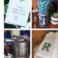Four images: a handwritten invitation, a cup holding striped straws, a bucket of ice with tongs, and a monogrammed napkin with a green letter “R” embroidered on it—all perfect touches for entertaining in style and adding elegant home decor inspired by Danielle Rollins’ book, A Home For All Seasons from Penguin Random House.