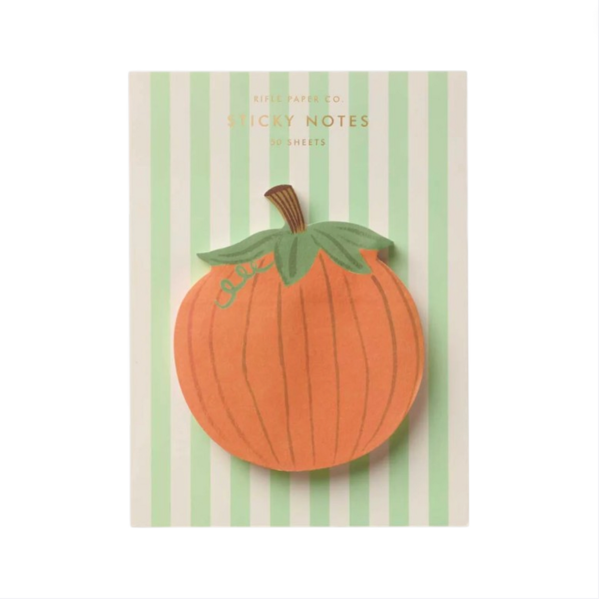 The Pumpkin Sticky Notes by Rifle Paper Co. feature a charming pumpkin shape with green leaves and are displayed on a white card with vertical light green stripes—perfect for adding a festive touch of fall to your workspace.