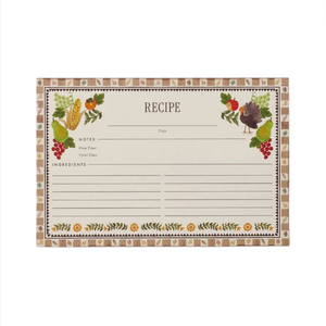 The Harvest Recipe Cards by Rifle Paper Co. feature charming illustrations of vegetables and fruit bordering a blank recipe card with spaces for the title, notes, prep and total time, and ingredients—perfect for saving your favorite Thanksgiving recipes.