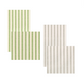 Four square pieces of fabric with vertical stripes—two in green and off-white, and two in gray and off-white—are displayed against a white background, resembling stylish paper linen napkins from the Melograno Collection by Caspari that offer both a sophisticated look and the convenience of being compostable and biodegradable.