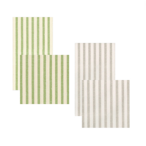 Four square pieces of fabric with vertical stripes—two in green and off-white, and two in gray and off-white—are displayed against a white background, resembling stylish paper linen napkins from the Melograno Collection by Caspari that offer both a sophisticated look and the convenience of being compostable and biodegradable.