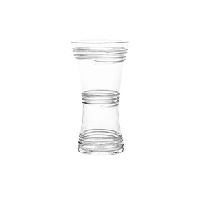 The Ella Corset Vase Collection by Juliska features clear glass vases with a narrowed waist, wider top and bottom, and horizontal spiral etching—an elegant decorative piece for any floral centerpiece.