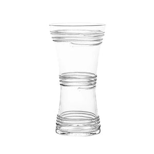 The Ella Corset Vase Collection by Juliska features clear glass vases with corseted waistlines and horizontal spiral ridges—ideal as decorative pieces or striking floral centerpieces.