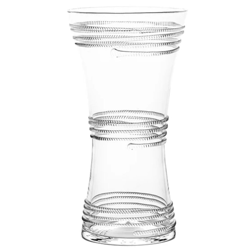 The Juliska Ella Corset Vase Collection features clear glass vases with a flared, corseted waistline and multiple textured spiral bands wrapping around the top, middle, and bottom.