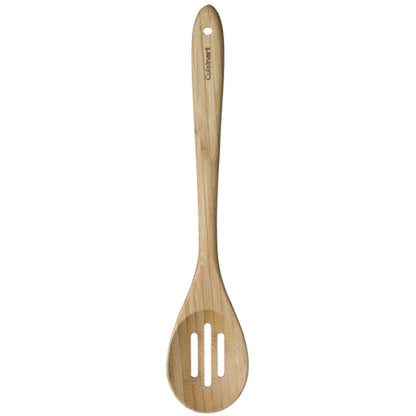 The Cuisinart Bamboo Kitchen Tools slotted spoon has a long handle, oval head with three slots, and a natural oil finish safe for nonstick cookware. A small hole at the handle's end allows for easy hanging.