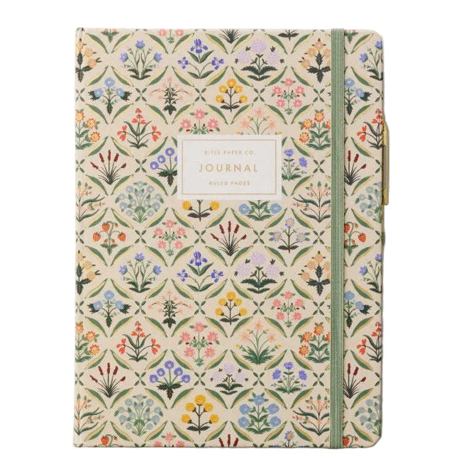 The Estee Collection hardcover journal by Rifle Paper Co. features floral patterns, an elastic band closure, and a "Journal" label—perfect for writing and journaling.