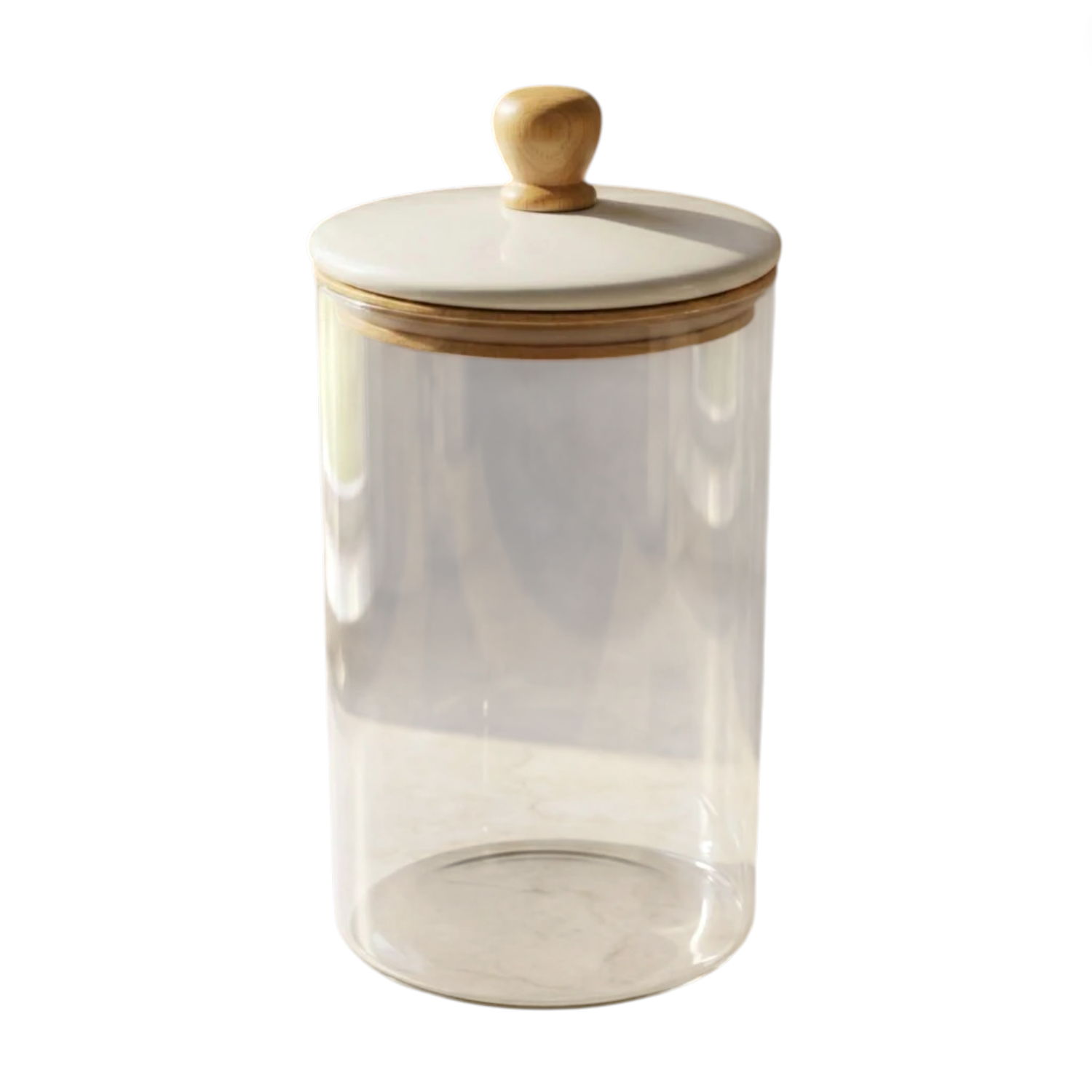 The Be Home Madras Canister is a clear glass jar with a wooden lid and knob, ideal for kitchen storage or as a stylish pantry organizer, shown on a light surface against a white background.