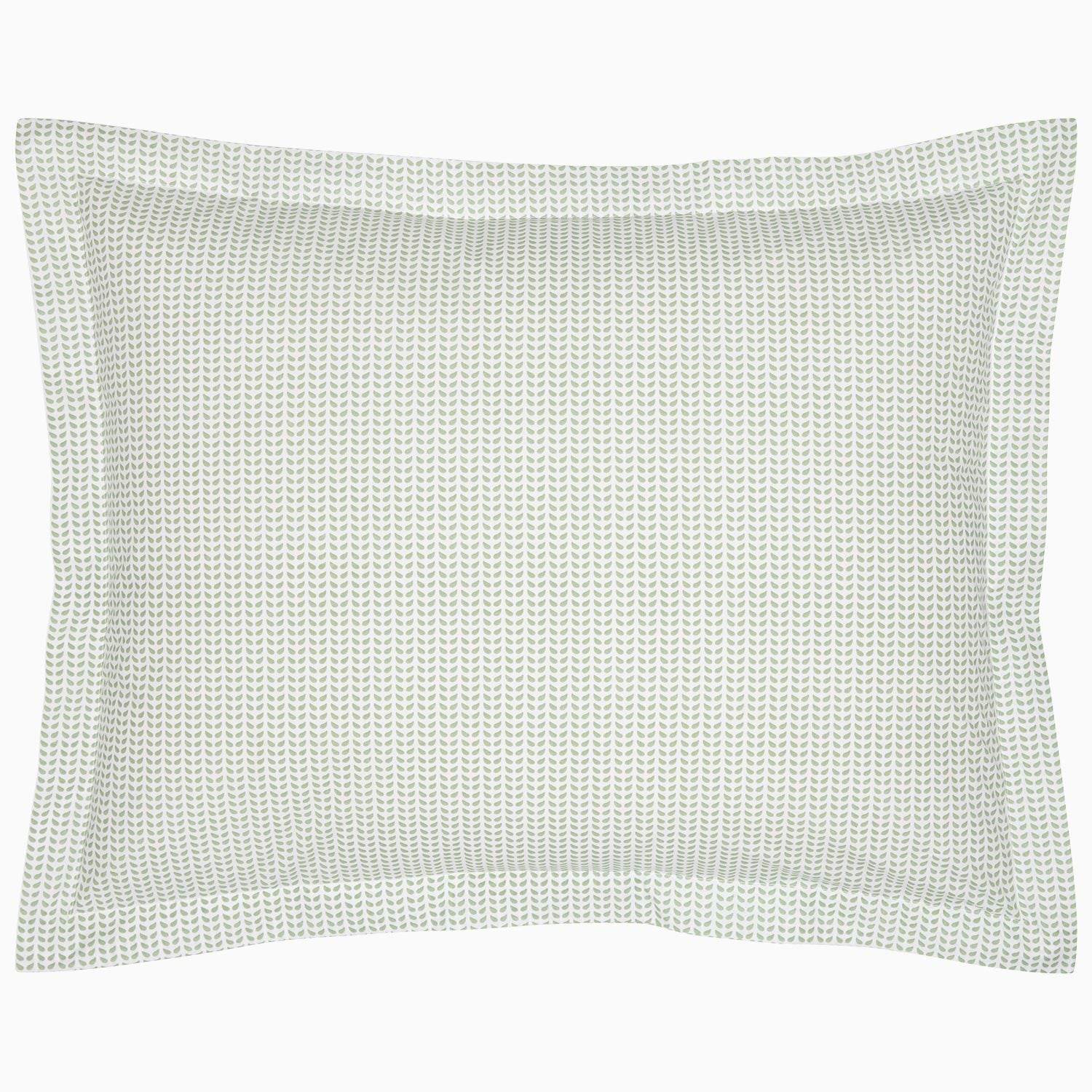 Part of the John Robshaw Cinde Bedding Collection, this rectangular pillow features a subtle, repeating green leaf pattern on a white background and a stitched border, designed to perfectly complement an organic sheet set.