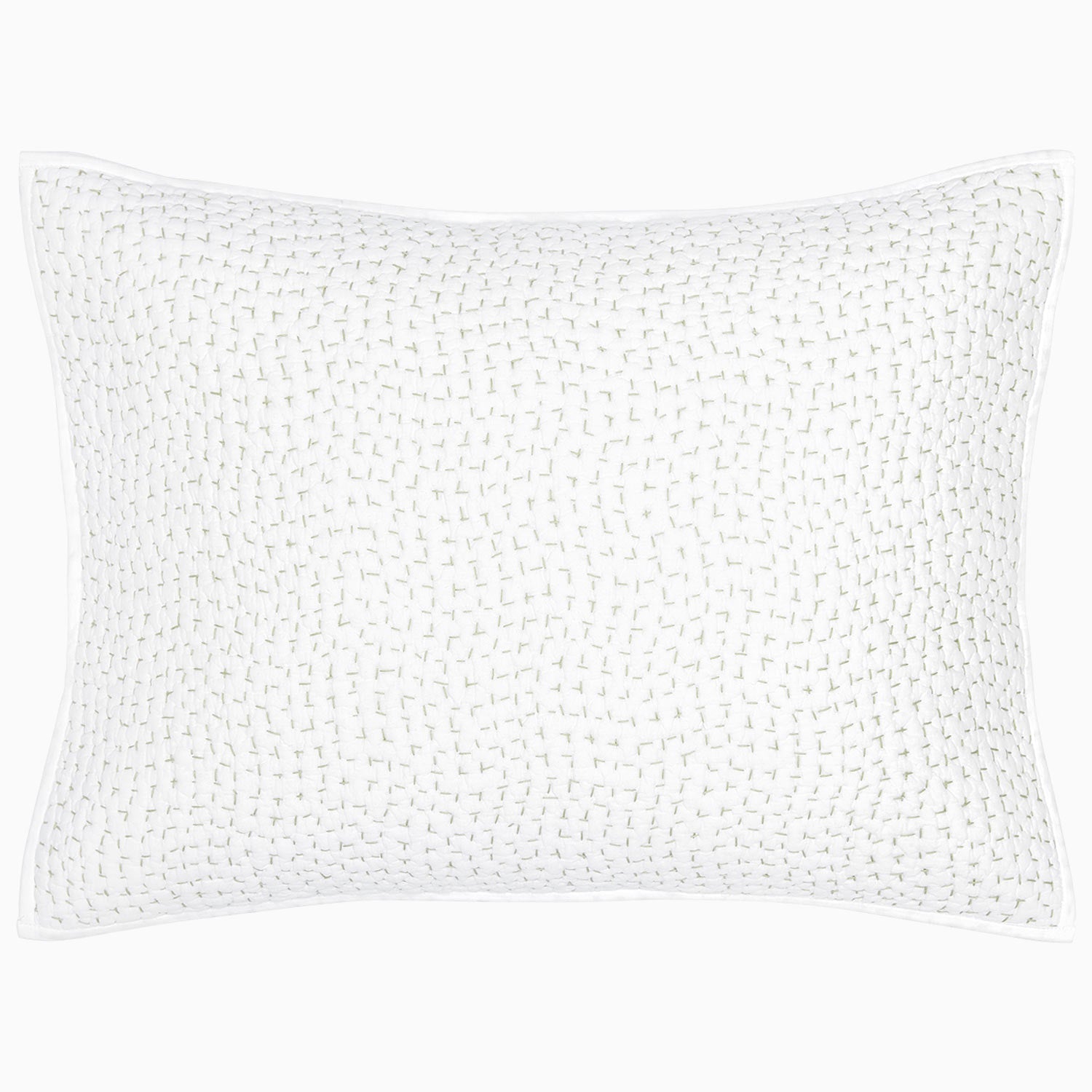 A white rectangular pillow from the John Robshaw Hand-Stitched Bedding Collection, featuring a textured woven pattern and stitched edges, is photographed against a plain white background, evoking the look of an organic cotton coverlet.