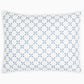 Introducing the Layla Bedding Collection by John Robshaw—a white rectangular pillow adorned with a blue embroidered geometric pattern of interlocking circles and diamonds, crafted from soft cotton voile. This inviting bedding layer evokes the elegant quilt designs of Mughal gardens.
