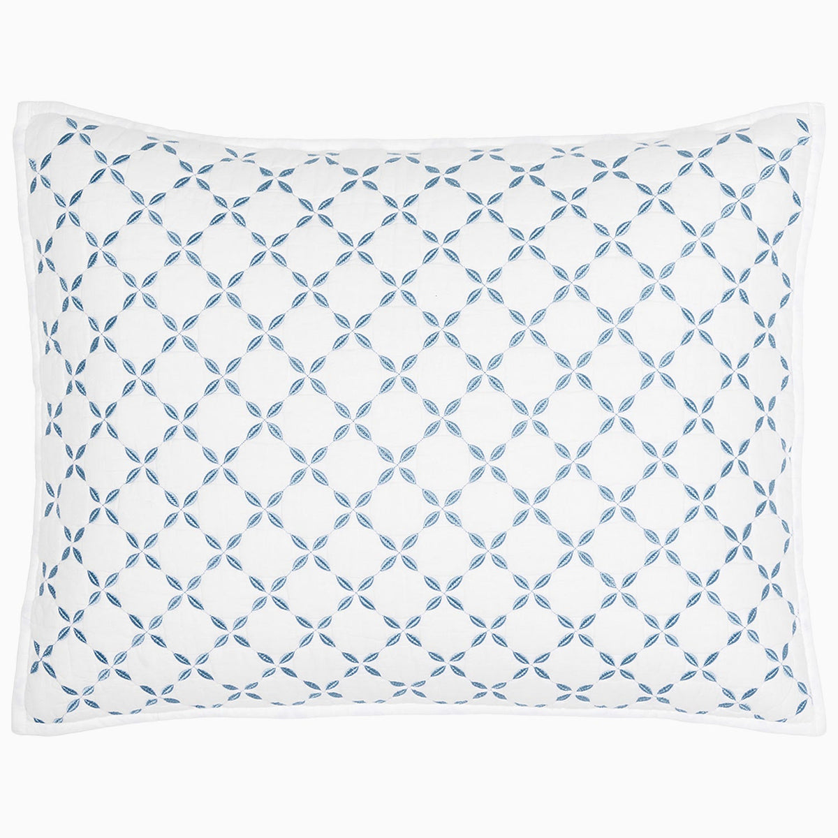 Introducing the Layla Bedding Collection by John Robshaw—a white rectangular pillow adorned with a blue embroidered geometric pattern of interlocking circles and diamonds, crafted from soft cotton voile. This inviting bedding layer evokes the elegant quilt designs of Mughal gardens.