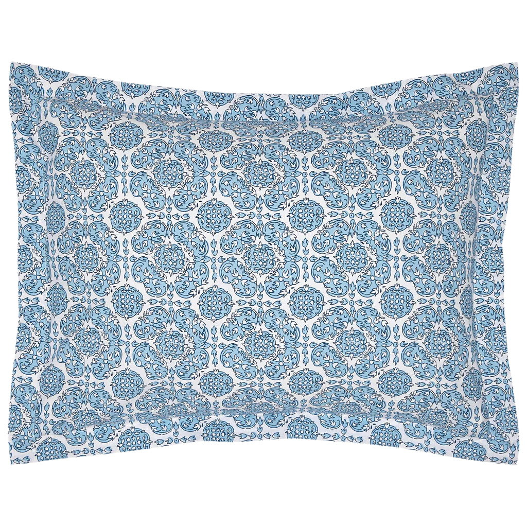 Rectangular pillow from the John Robshaw Sahil Indigo Bedding Collection, featuring a blue and white floral and geometric design inspired by Mughal garden motifs.