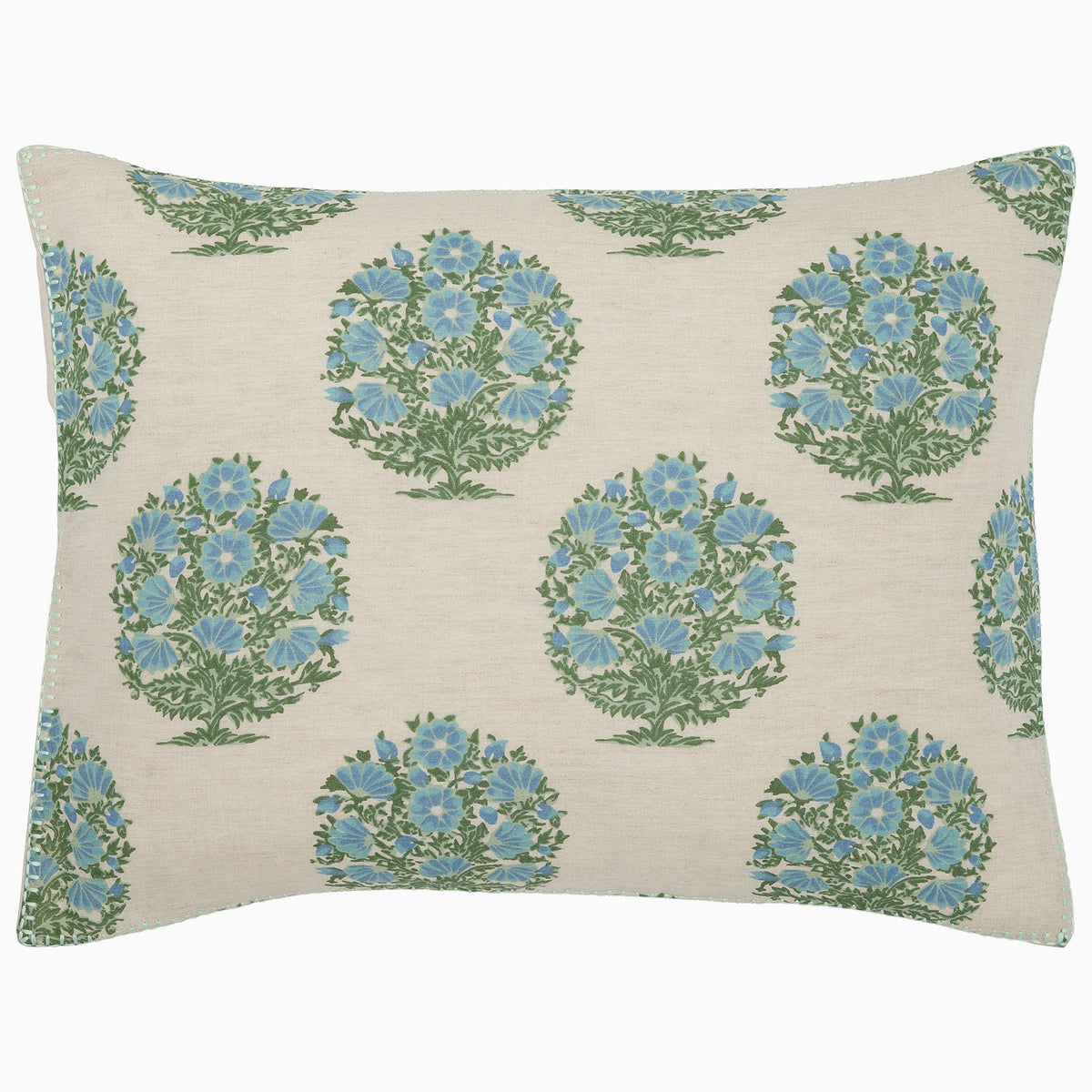 Inspired by Rajasthan palace bedding, the John Robshaw Vani Leaf King Duvet Set features a soft cotton linen blend in beige, adorned with blue and green floral bouquets arranged in circular clusters.