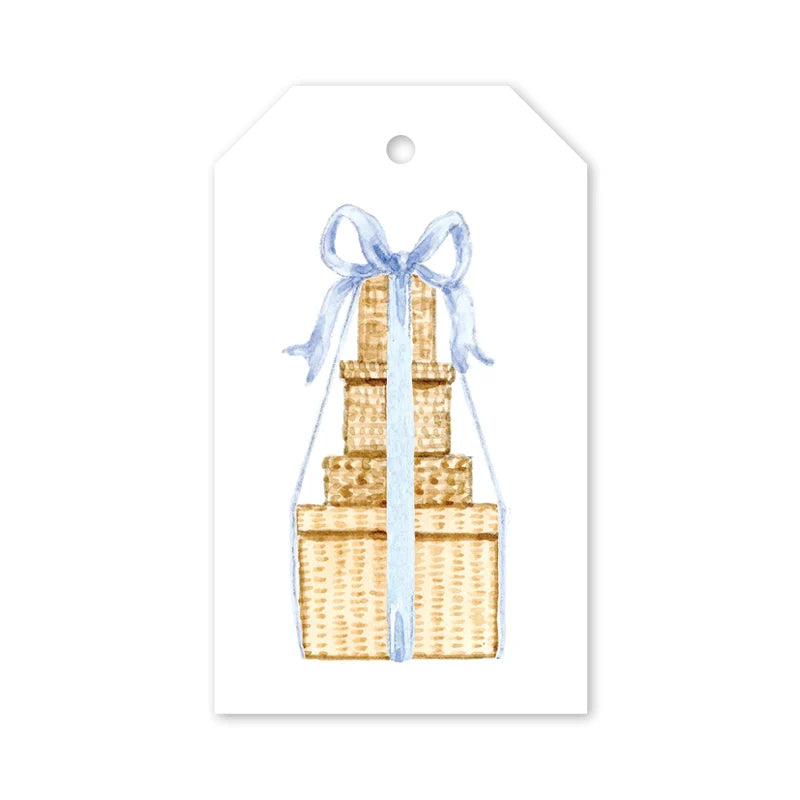 Isla Bahia Blue Gift Tags featuring a watercolor illustration of three stacked rectangular boxes wrapped with a light blue ribbon and bow.
