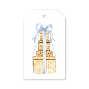 Isla Bahia Blue Gift Tags featuring a watercolor illustration of three stacked rectangular boxes wrapped with a light blue ribbon and bow.