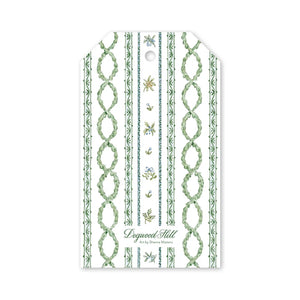 Jardin De Noel Blue Gift Tags featuring a vertical pattern of green garland chains and small blue floral stripes.