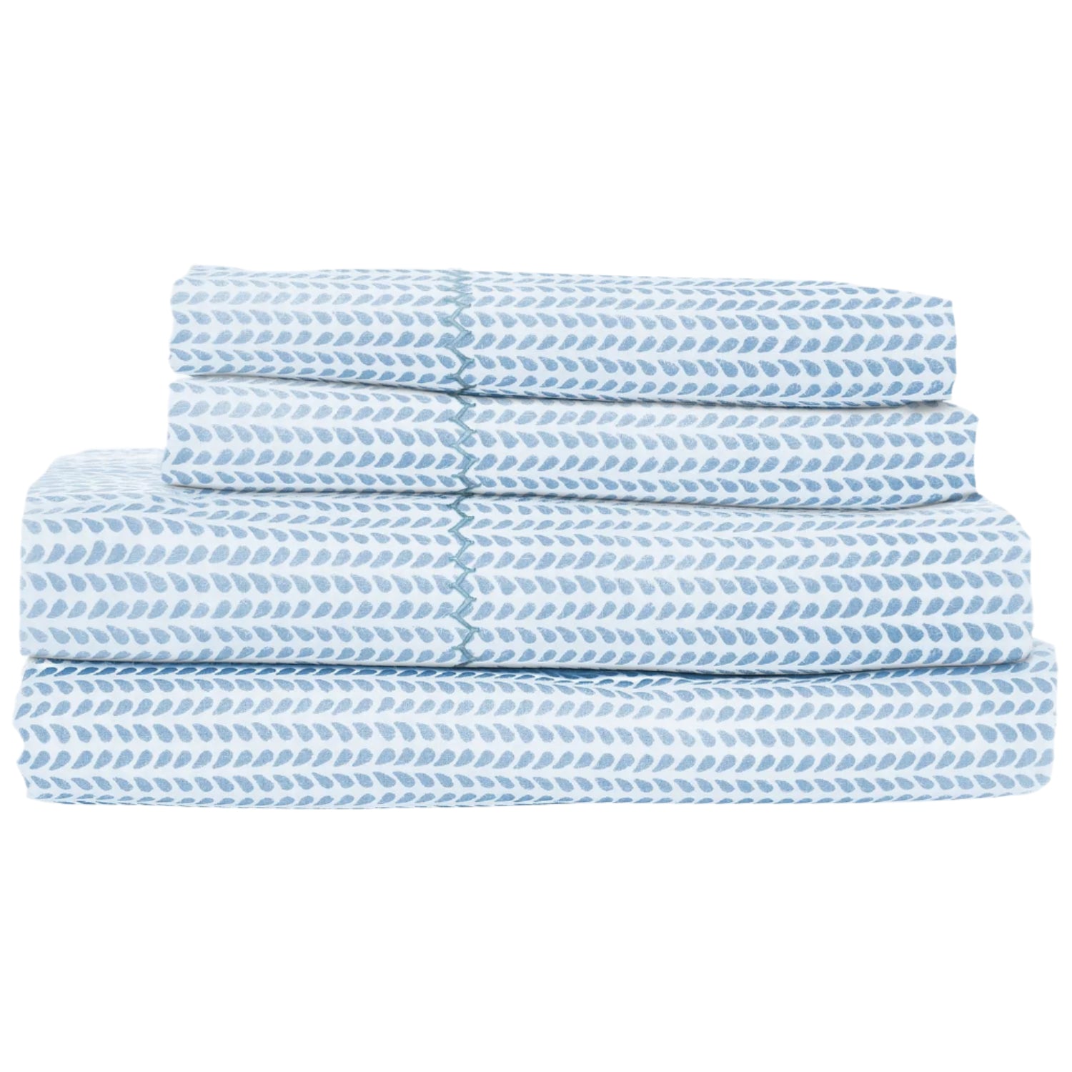 The Cinde Light Indigo Bedding Collection by John Robshaw features cotton percale sheets with a blue and white repeating leaf pattern, neatly folded and stacked.