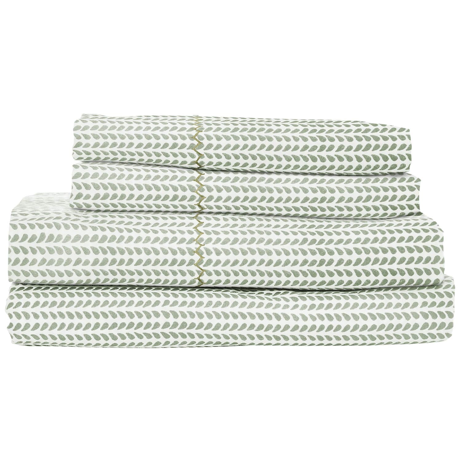 The John Robshaw Cinde Sage Bedding Collection features neatly folded green and white leaf-patterned cotton percale sheets and pillowcases in the charming Cinde print.