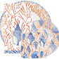 Caspari’s Shell Toile Collection features plates and napkins with orange coral and blue seashell patterns, layered and overlapping—ideal for stylish entertaining or gifting.