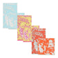 Four swatches from Caspari's Silk Road Toile Collection display Asian-inspired scenic designs in light blue, yellow, pink, and orange—making them perfect inspiration for stylish biodegradable napkins.