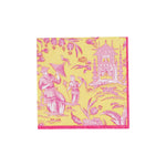 Caspari's Silk Road Toile Collection features a square, yellow triple-ply napkin with pink Chinoiserie-style prints of two figures, a pagoda, birds, and foliage.