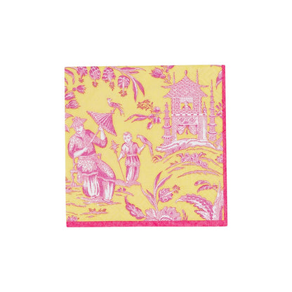 Caspari's Silk Road Toile Collection features a square, yellow triple-ply napkin with pink Chinoiserie-style prints of two figures, a pagoda, birds, and foliage.