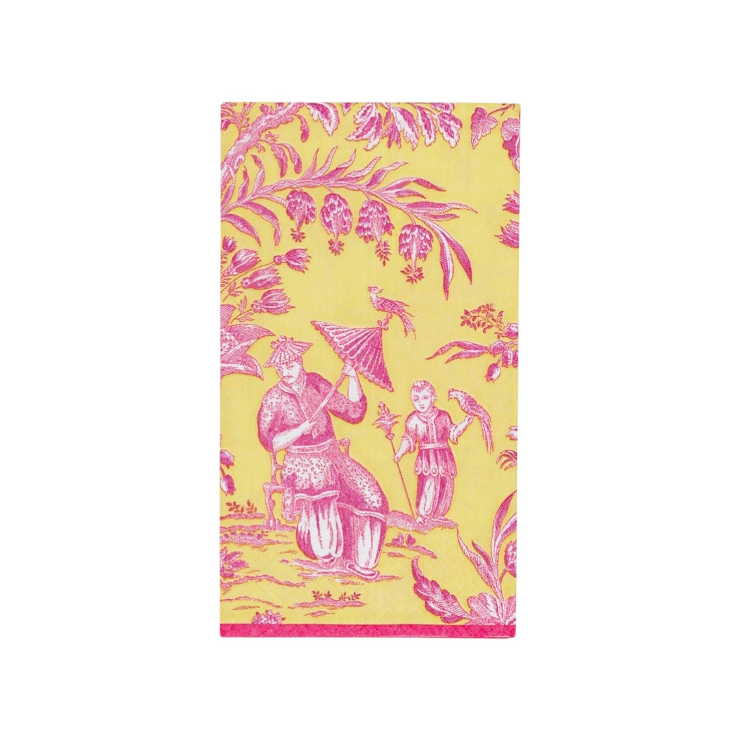 Add style to your table with Caspari's Silk Road Toile Collection—rectangular napkins with a yellow background, pink illustrations of two people with umbrellas, birds, and foliage—all in a compostable decorative pattern.