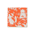 Caspari’s Silk Road Toile Collection features square tiles with a white chinoiserie design—figures, a pagoda, and foliage on orange—perfect inspiration for elegant, biodegradable triple-ply napkins.