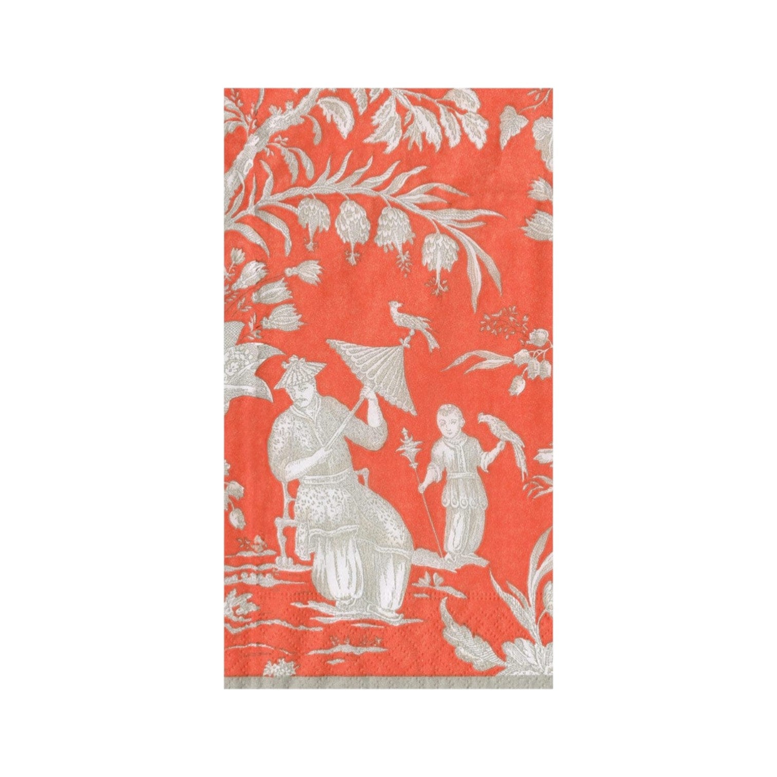 The Caspari Silk Road Toile Collection triple-ply rectangular napkin features white chinoiserie figures, parasols, and foliage on a coral red background.