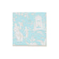 The Caspari Silk Road Toile Collection features square tiles with a pale blue background and white raised Asian-inspired designs—ideal for adding elegance to your table settings with compostable napkins.
