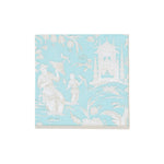 The Caspari Silk Road Toile Collection features square tiles with a pale blue background and white raised Asian-inspired designs—ideal for adding elegance to your table settings with compostable napkins.