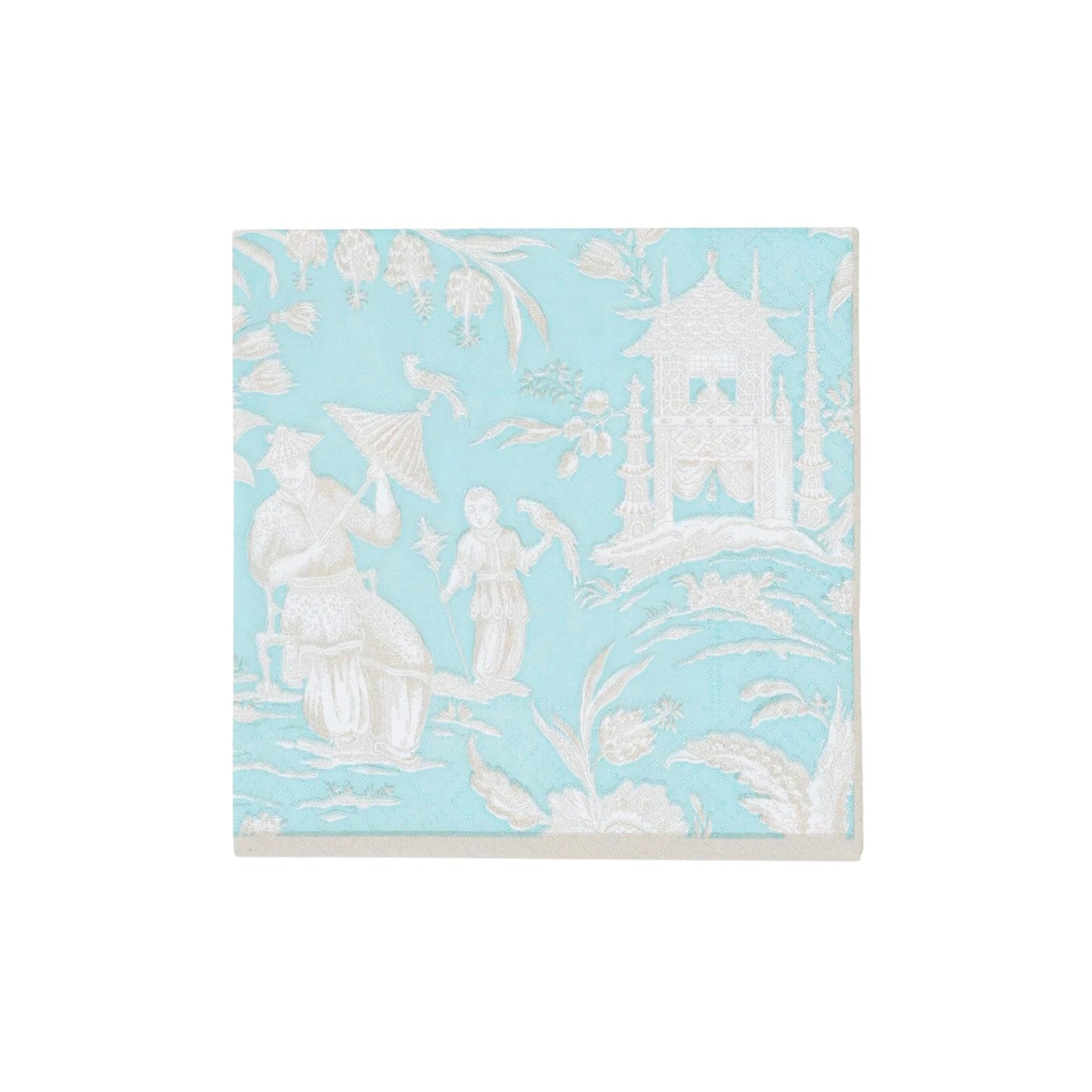 The Caspari Silk Road Toile Collection features square tiles with a pale blue background and white raised Asian-inspired designs—ideal for adding elegance to your table settings with compostable napkins.