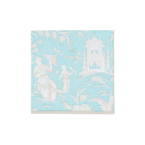 The Caspari Silk Road Toile Collection features square tiles with a pale blue background and white raised Asian-inspired designs—ideal for adding elegance to your table settings with compostable napkins.