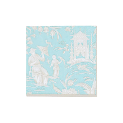 The Caspari Silk Road Toile Collection features square tiles with a pale blue background and white raised Asian-inspired designs—ideal for adding elegance to your table settings with compostable napkins.