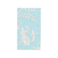 The Silk Road Toile Collection by Caspari features a rectangular panel with a light blue background adorned with white embossed figures, plants, and birds in an ornate style reminiscent of elegant triple-ply napkins.