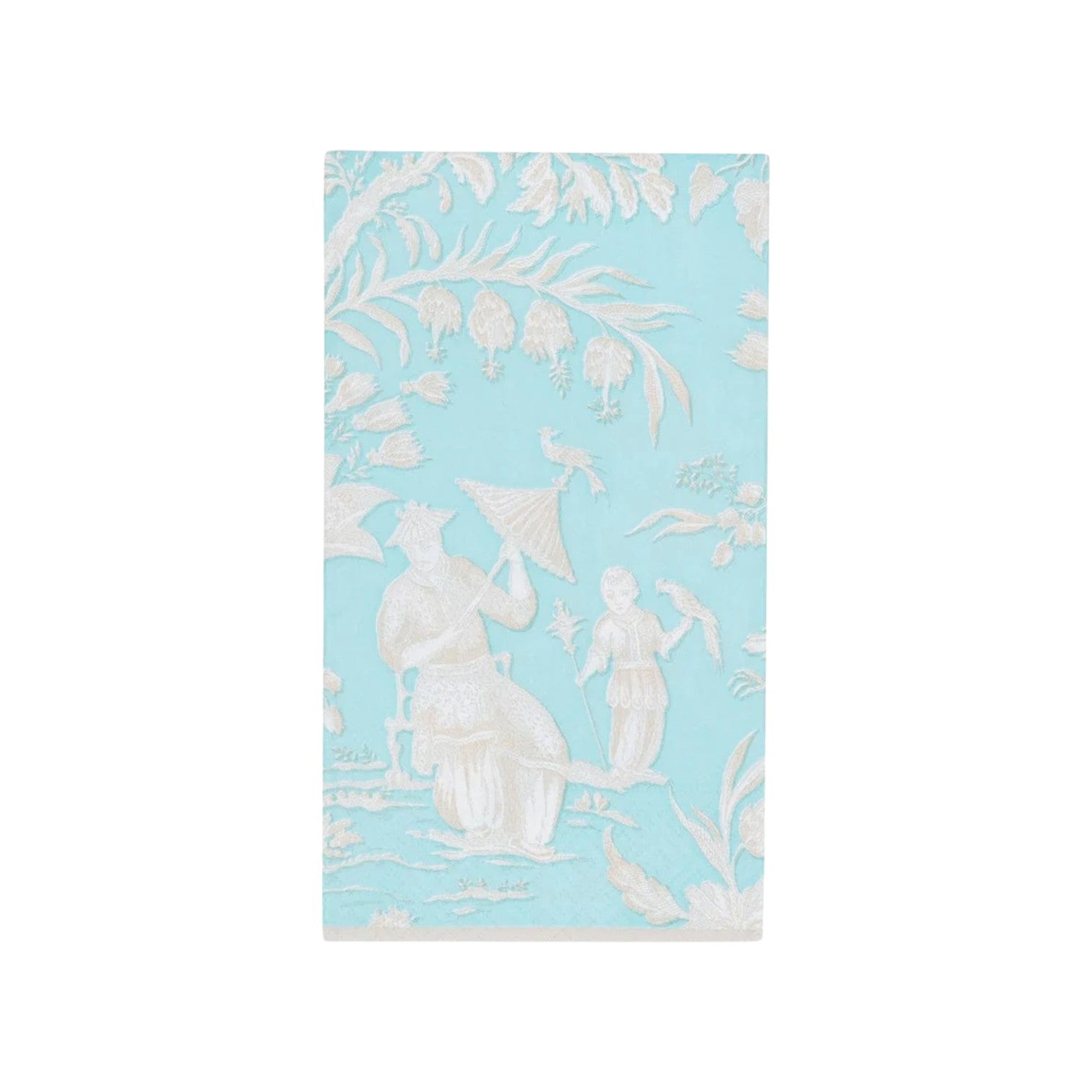 The Silk Road Toile Collection by Caspari features a rectangular panel with a light blue background adorned with white embossed figures, plants, and birds in an ornate style reminiscent of elegant triple-ply napkins.