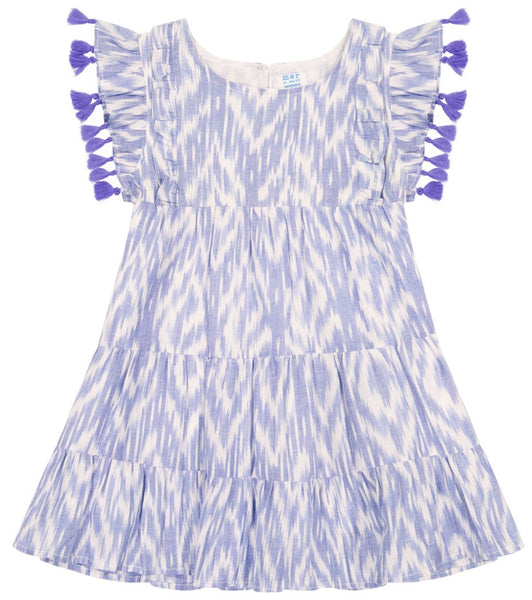 Blue and white ikat tie-dye patterned Mer dress with ruffled sleeves and a tiered skirt.