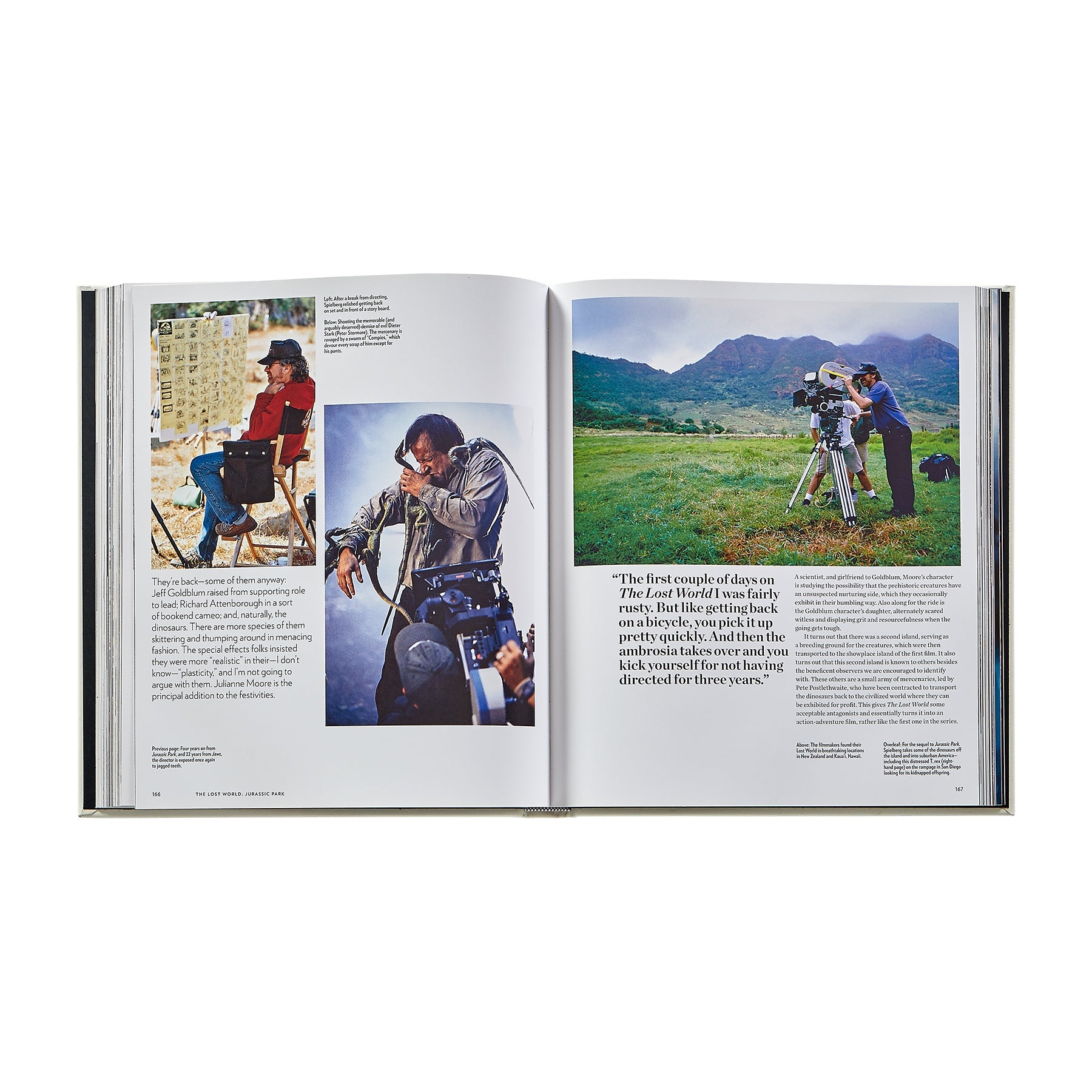 Steven Spielberg: A Retrospective by Graphic Image features open pages with three film crew photos and text blocks containing interviews, quotes on filmmaking, and Spielberg’s insights in this illustrated monograph.